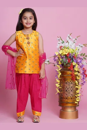 Little Bansi Girls Embroidered Gotta Patti Pure Silk Kurti with Salwar & Dupatta