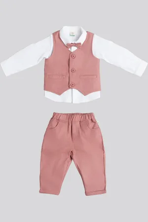 Ed-a-Mamma Boys Shirt Collar Pure Cotton Shirt With Trouser & Waistcoat & Bow