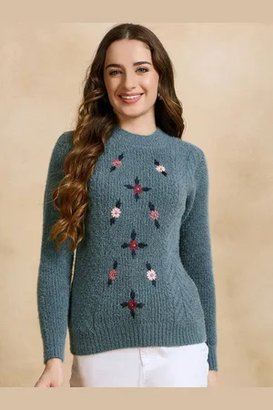 CLAPTON Women Floral Woollen Pullover with Embroidered Detail