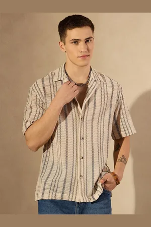 DENNISON Men Smart Cuban Collar Striped Cotton Oversized Casual Shirt