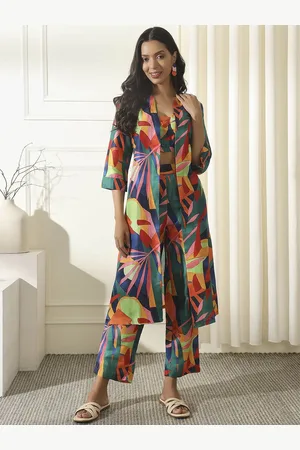Anouk Blue Printed Top & Trousers With Shrug