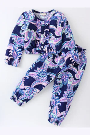 CrayonFlakes Girls Floral Printed Round Neck Long Sleeves Pure Cotton Top With Jogger