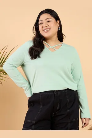CURVY STREET Women Solid V-Neck Cotton Relaxed Fit Plus Size T-shirt