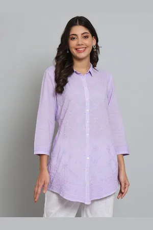 akheri Print Cotton Shirt Style Longline Top