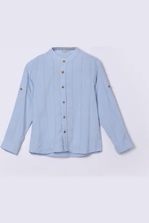 Lifestyle Boys Band Collar Vertical Striped Cotton Casual Shirt