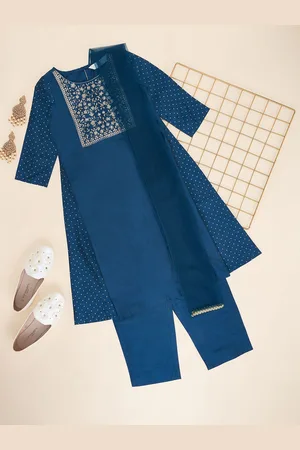 Pantaloons Girls Floral Embroidered A-Line Kurta with Trousers & Dupatta