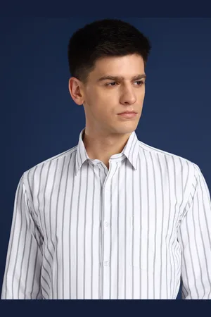 English Navy Men Wrinkle Free Vertical Striped Slim Fit Formal Shirt