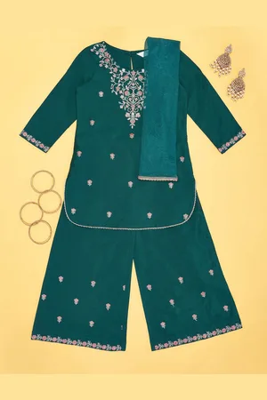 Pantaloons Girls Embroidered Kurta with Palazzos & With Dupatta