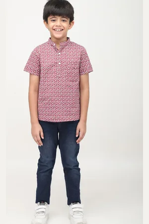 Biglilpeople Boys Standard Band Collar Abstract Printed Cotton Casual Shirt