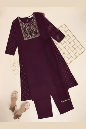 Pantaloons Girls Floral Embroidered A-Line Kurta with Trousers & Dupatta