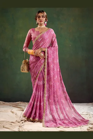 Mitera Bandhani Sequinned Poly Chiffon Women Saree With Unstitched Blouse Piece