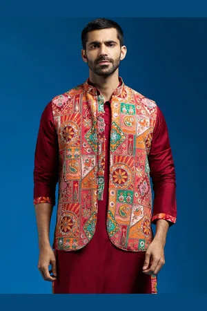 Vastramay Men Embroidered Woven Nehru Jacket