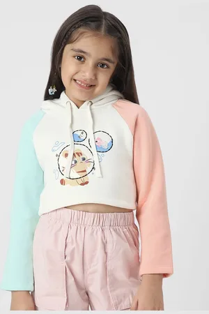 Nauti Nati Girls Printed Cropped Sweatshirt with Colourblock Sleeves