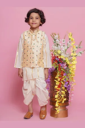 Little Bansi Girls Striped Mandarin Collar Pure Cotton Kurta with Pyjama & Nehru Jacket