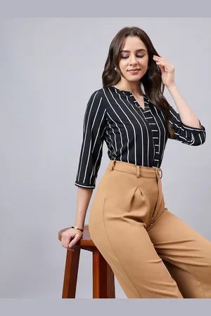 Chemistry Women Vertical Striped Round Neck Polycotton Top