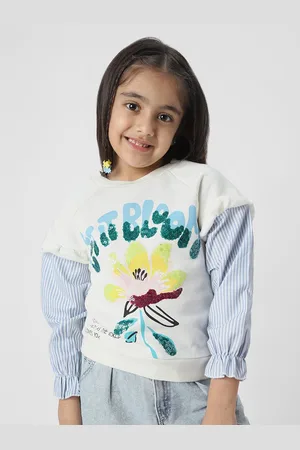 Nauti Nati Girls Graphic Printed Sweatshirt with Striped Sleeves