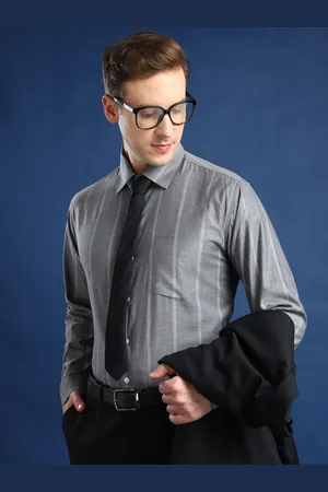 HANCOCK Men Spread Collar Vertical Striped Cotton Slim Fit Formal Shirt