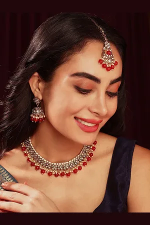 Priyaasi Gold-Plated Kundan-Studded & Beaded Floral Necklace Jhumki Earrings & Maangtika
