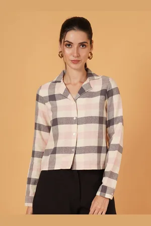 Mast & Harbour Women Checked Cotton Cuban Collar Crop Shirt