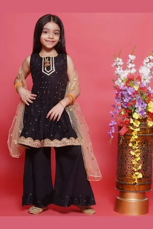 Little Bansi Girls Embroidered Gotta Patti Pure Silk Kurta with Palazzos & Dupatta