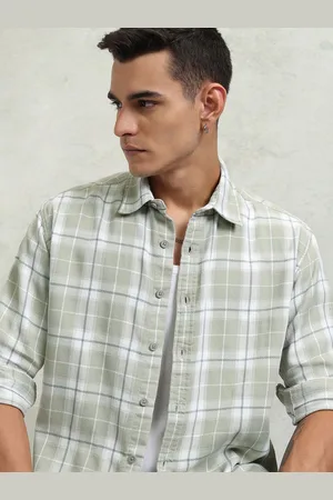 Highlander Men Olive Dobby Textured Checked Oversized Overshirt