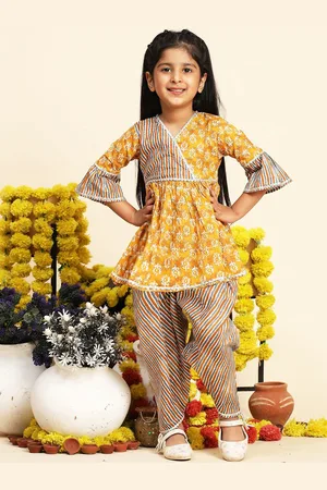 Cutiekins Girls Ethnic Motifs Printed V-Neck Angrakha A-Line Kurti with Dhoti Pants
