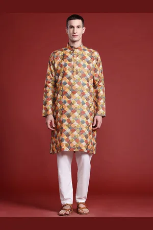 MANQ Geometric Printed Mandarin Collar Pure Cotton Straight Kurta
