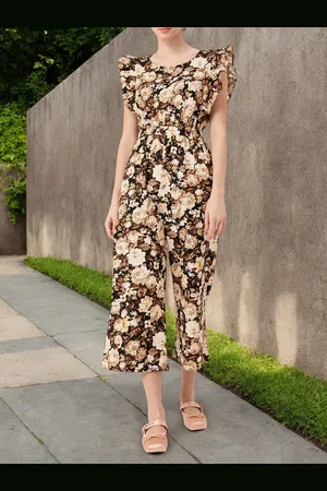 DressBerry Elegant Bloom Cotton Linen Cinched Waist Ruffle Cut Out Jumpsuit
