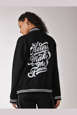 IZF Women Black Monochrome Varsity Jacket with Patchwork