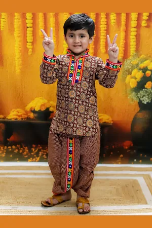 BownBee Boys Ethnic Motifs Printed Straight Thread Work Pure Cotton Kurta with Dhoti Pants