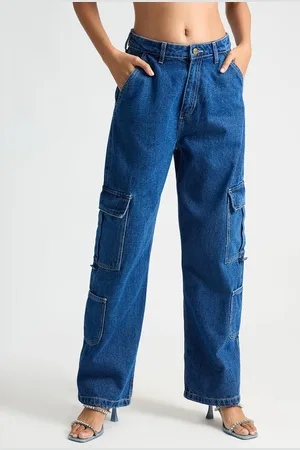 FREAKINS Blue Women Straight Fit High-Rise Utility Pocket Pure Cotton Cargo Jeans