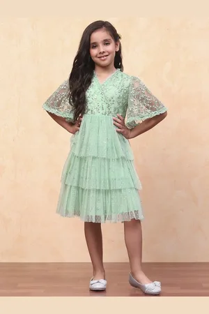 Biba Self Design Solid Flared Sleeve Net Formal Fit & Flare Dress