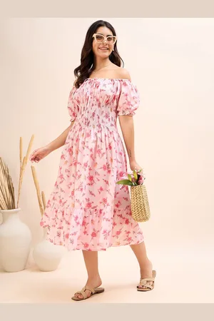 DressBerry Women Floral Print Off-Shoulder Puff Sleeve Fit & Flare Dress