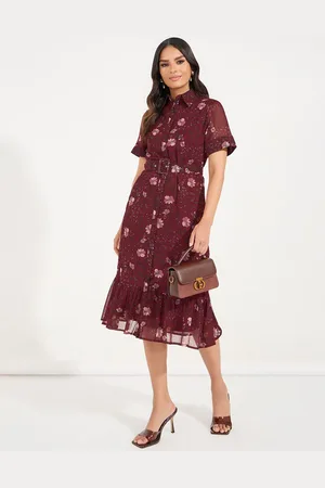 Styli Women Floral Printed Puff Sleeves Midi Dress With Belt