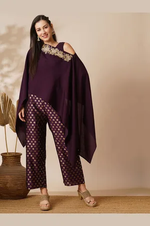 Globus Women Floral Embroidered Poncho Top with Inner Top & Floral Brocade Pants