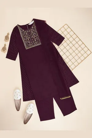 Pantaloons Girls Floral Embroidered A-Line Kurta with Trousers & Dupatta