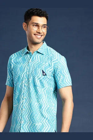 Taavi Men Comfort Dabu Hand Block Chevron Printed Pure Cotton Casual Shirt