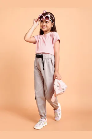 HERE&NOW Girls Solid Ribbed Round Neck Pure Cotton T-Shirt With Cargo Pants