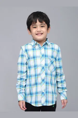 Biglilpeople Boys Standard Spread Collar Tartan Checked Cotton Casual Shirt