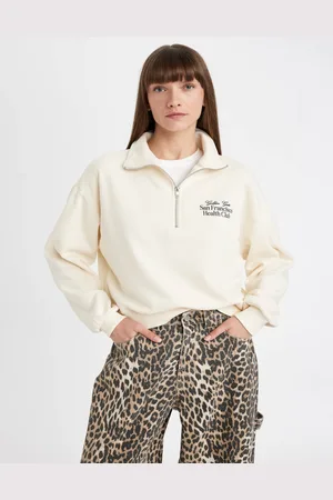 DeFacto Women Typography Printed Lapel Collar Pullover