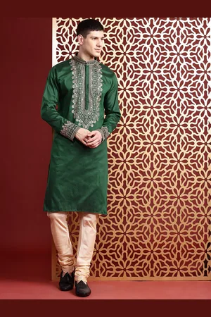 MANQ Floral Embroidered Sequinned Pure Cotton Kurta with Churidar