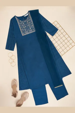 Pantaloons Girls Floral Embroidered A-Line Kurta with Trousers & Dupatta