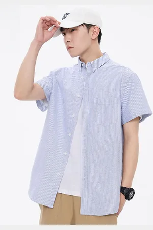 Stylecast Men Button-Down Collar Vertical Striped Cotton Linen Casual Shirt