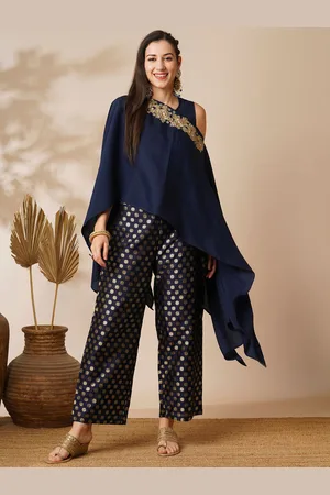 Globus Floral Embroidered Poncho Top With Inner Top & Floral Brocade Pants Co-Ord Set