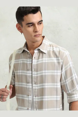 Highlander Men Fawn Dobby Textured Checked Oversized Overshirt