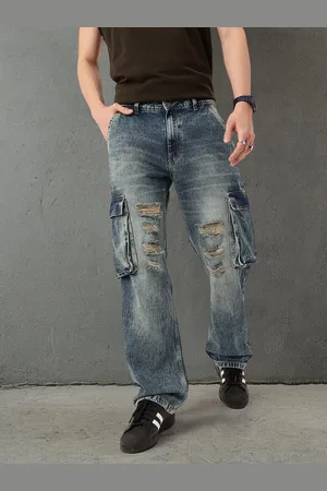 Kook N Keech Men Grunge Utility Heavy Fade Distressed Relaxed Fit Cargo Jeans