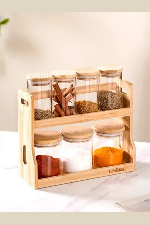 Nestasia Transparent & Beige 8 Pieces Glass Spice Jars With Storage Rack