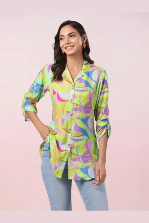 JISORA Women Tropical Printed Shirt Collar Pure Silk Top