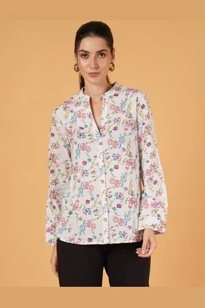 Mast & Harbour Women Floral Printed Mandarin Collar Cotton Top