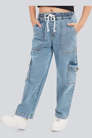OLELÉ Girls Cotton Denim Stretchable Relaxed Fit Cargo Jeans Pant